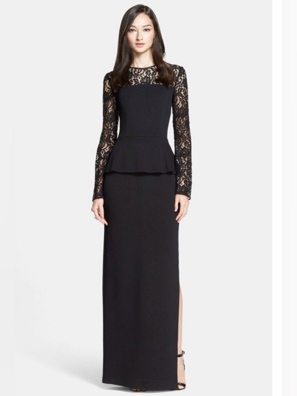 Vintage St. John - Black Lace Sleeve Peplum Gown